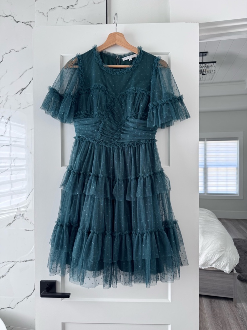 Ivy City Co Teal Ruffled Tulle Midi Dress